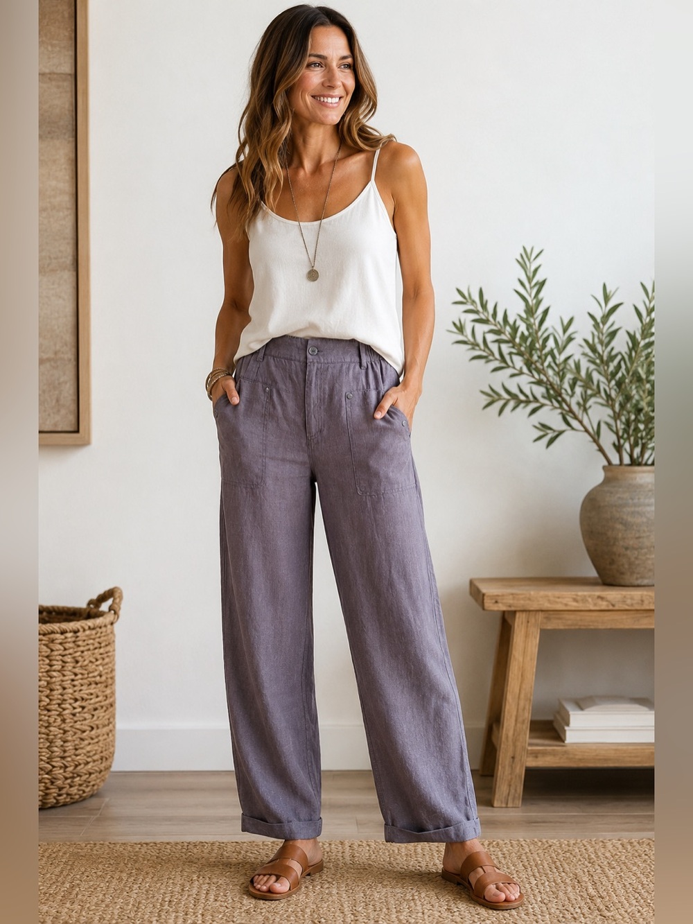 Tahari European Flax Linen Pants L Gray Utility Wide Leg Coastal Quiet Luxury